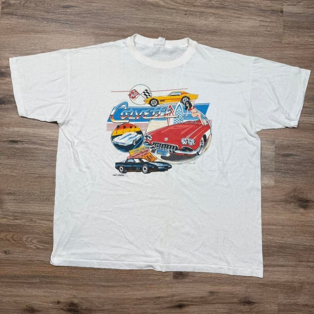 vintage 1985 white graphic corvette racing pin up girl graphic single stitch tee